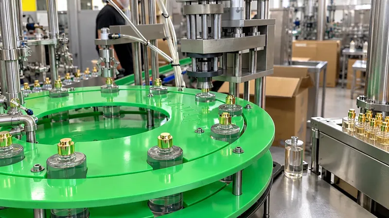 Perfume bottles on the rotary table filling machine