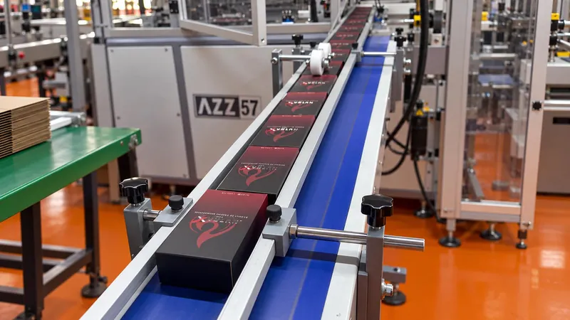 Branded perfume boxes on the cartoning conveyor