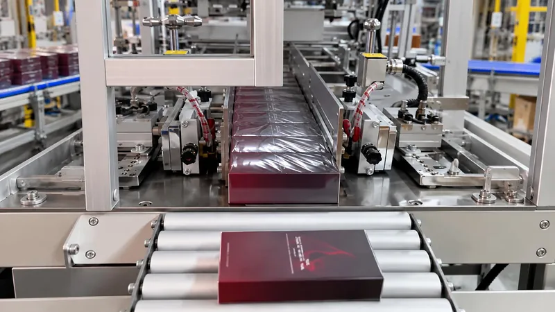 Wrapped perfume boxes on the packing line
