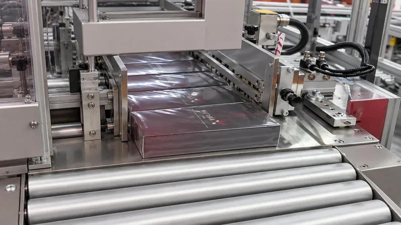Perfume boxes passing through the shrink wrapping machine